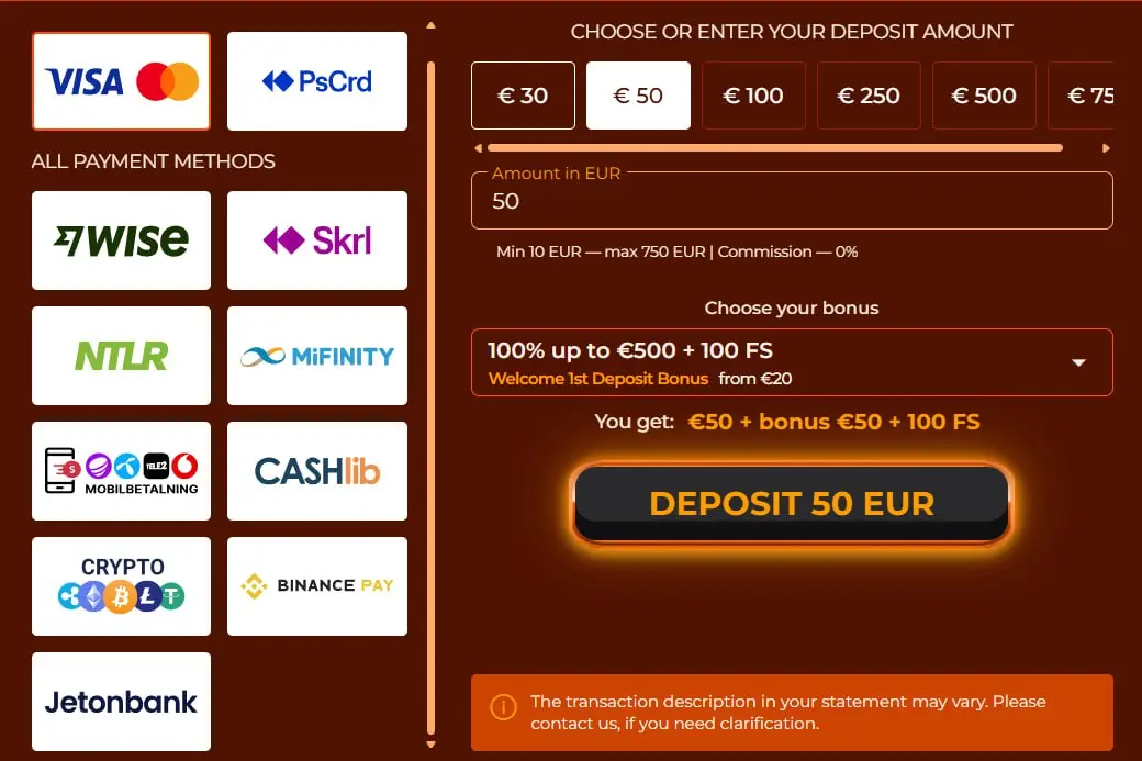 payment metods for Vegazone casino