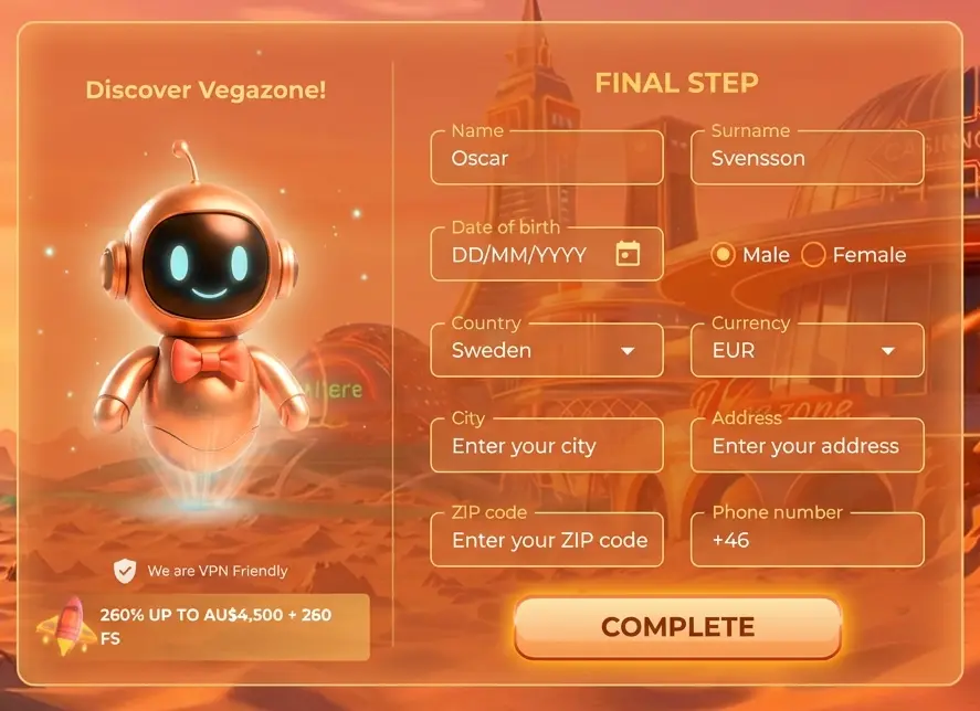registr form Vegazone casino